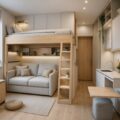 Petit studio de 11 m² optimisé avec lit mezzanine et décoration minimaliste scandinave claire