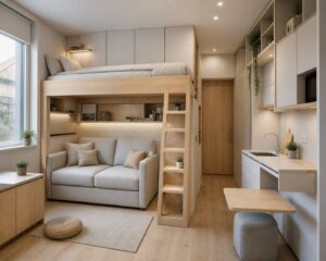 Petit studio de 11 m² optimisé avec lit mezzanine et décoration minimaliste scandinave claire