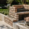 Construction d un barbecue en brique dans un jardin avec outils et briques