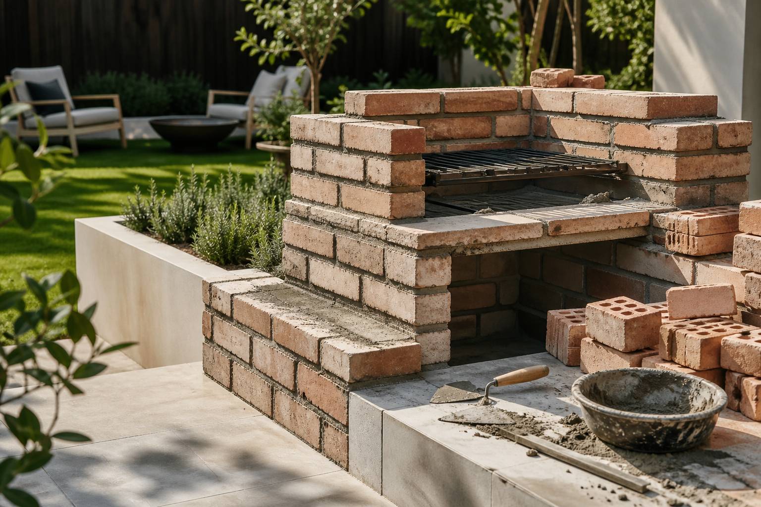 Construction d un barbecue en brique dans un jardin avec outils et briques