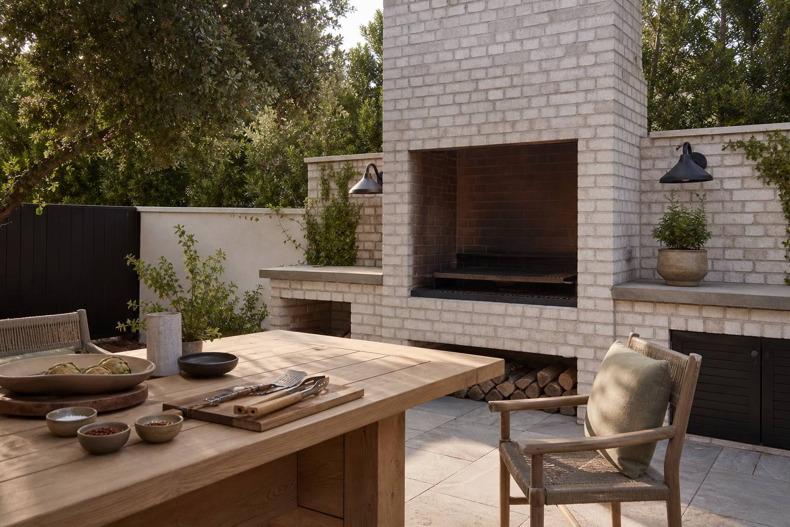 Barbecue en brique termine dans un jardin avec table et chaise pour repas exterieur