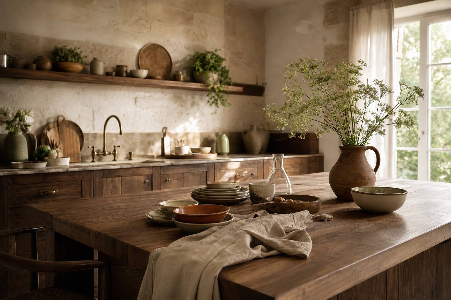 Cuisine campagne vaisselle gres plan travail bois