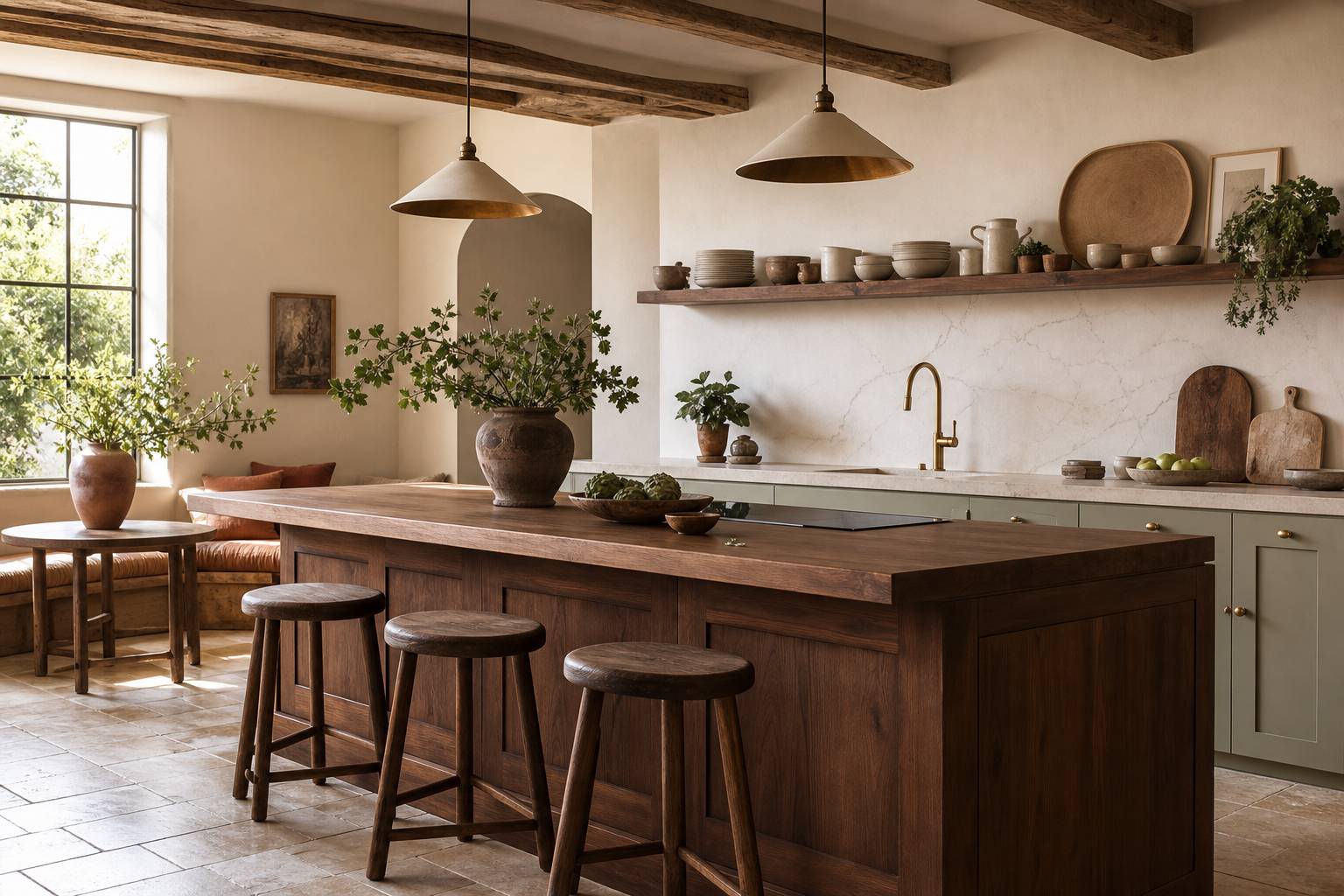 Cuisine rustique chic avec ilot central bois massif poutres apparentes vaisselle ceramique plantes