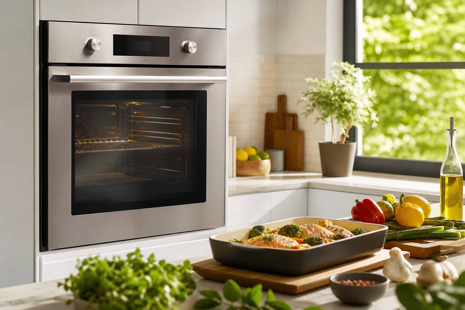Four moderne cuisine lumineuse plat en preparation