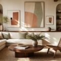 Salon lumineux avec grand mur décoré d'œuvres d'art