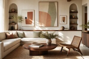 Salon lumineux avec grand mur décoré d'œuvres d'art