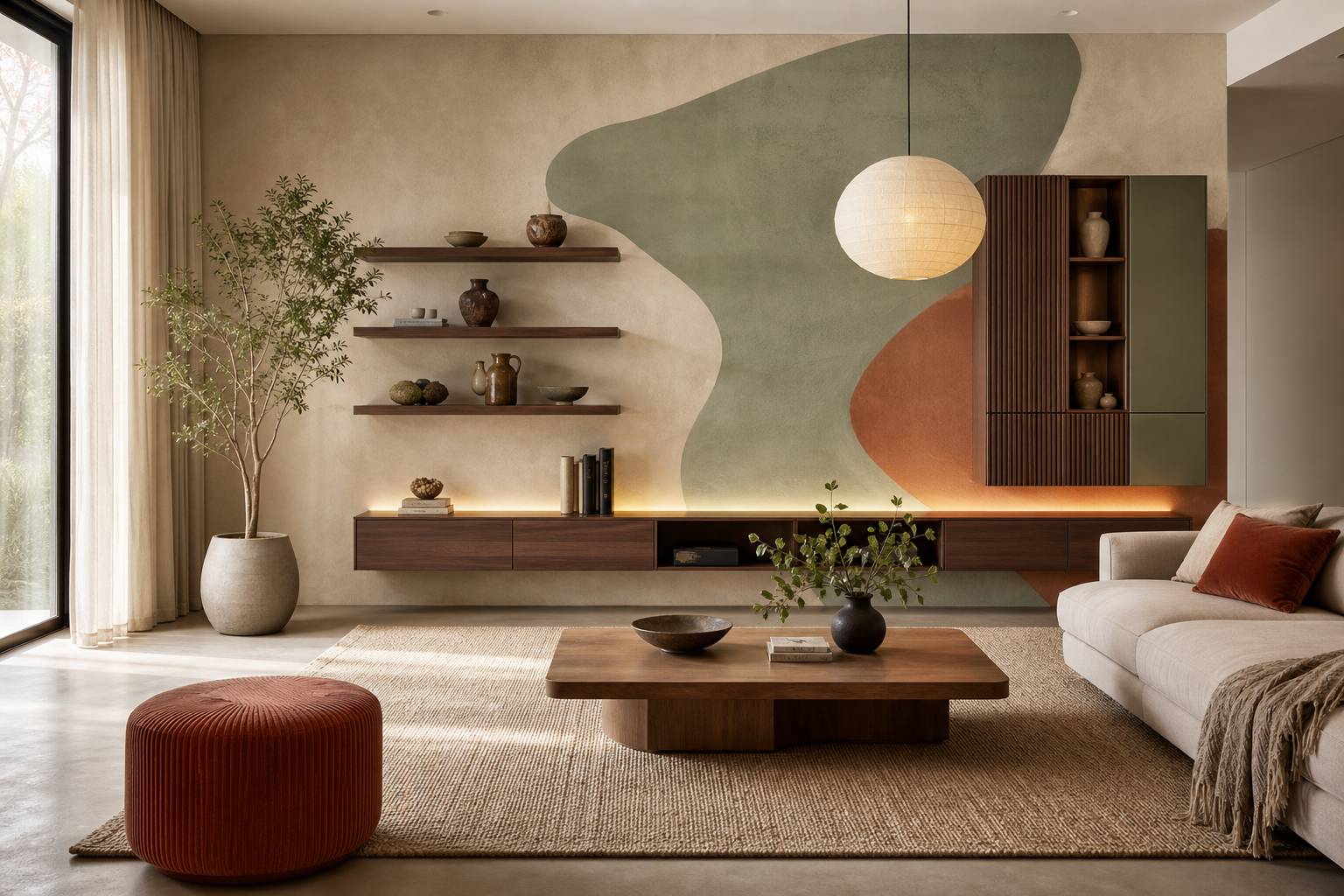 Mur d'accent design avec peinture décorative et rangements