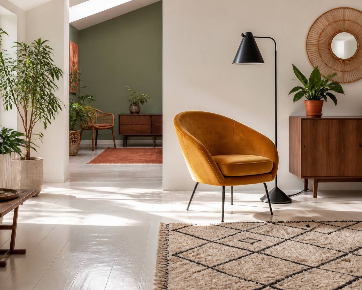 Coin pièce avec parquet blanc brillant lampe design noire tapis berbère fauteuil velours jaune moutarde miroir rotin