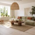 Salon lumineux parquet bois blanc clair canapé velours vert sauge coussins terracotta suspension rotin plantes