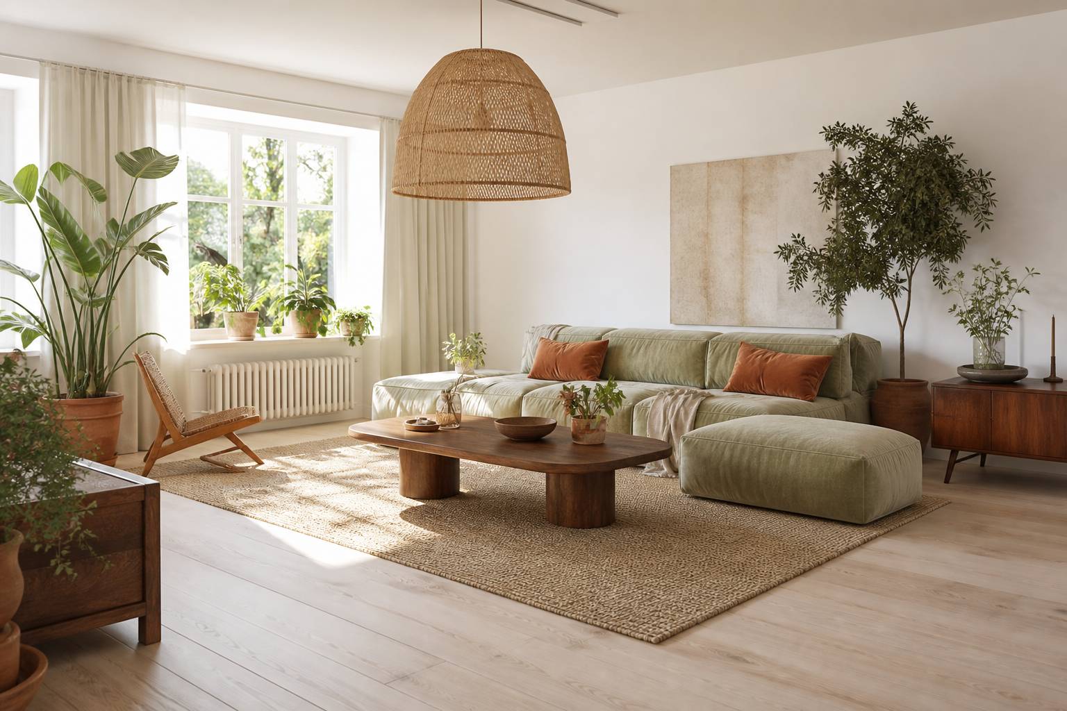 Salon lumineux parquet bois blanc clair canapé velours vert sauge coussins terracotta suspension rotin plantes
