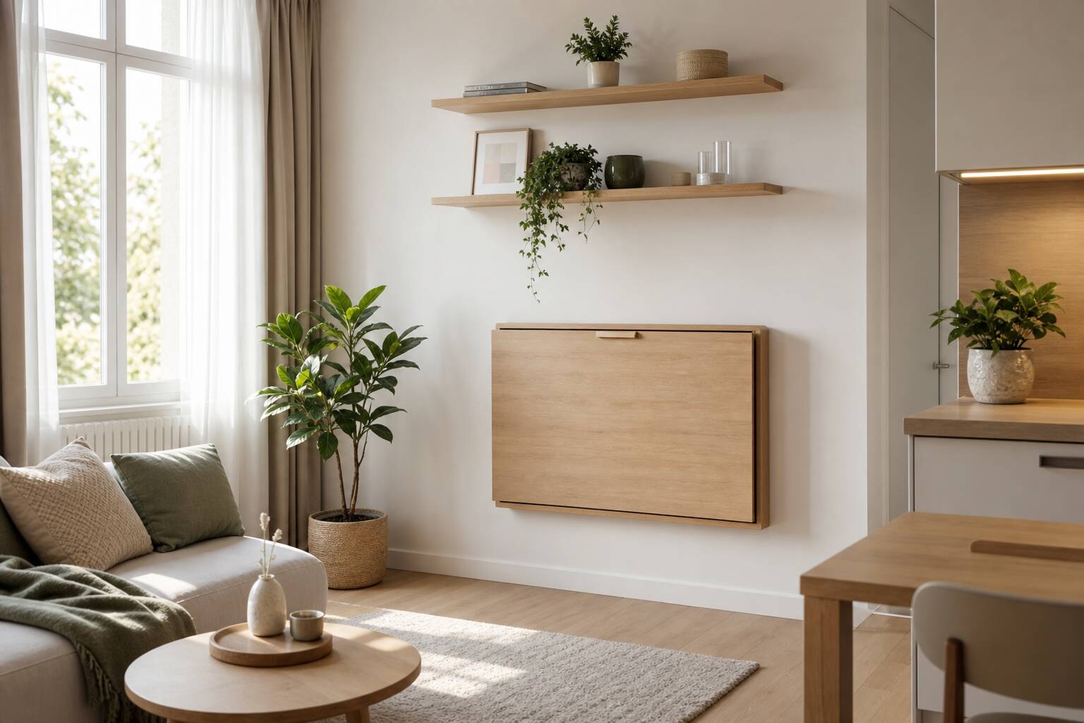 Table escamotable murale dans un petit studio avec étagères suspendues et plantes vertes décoratives