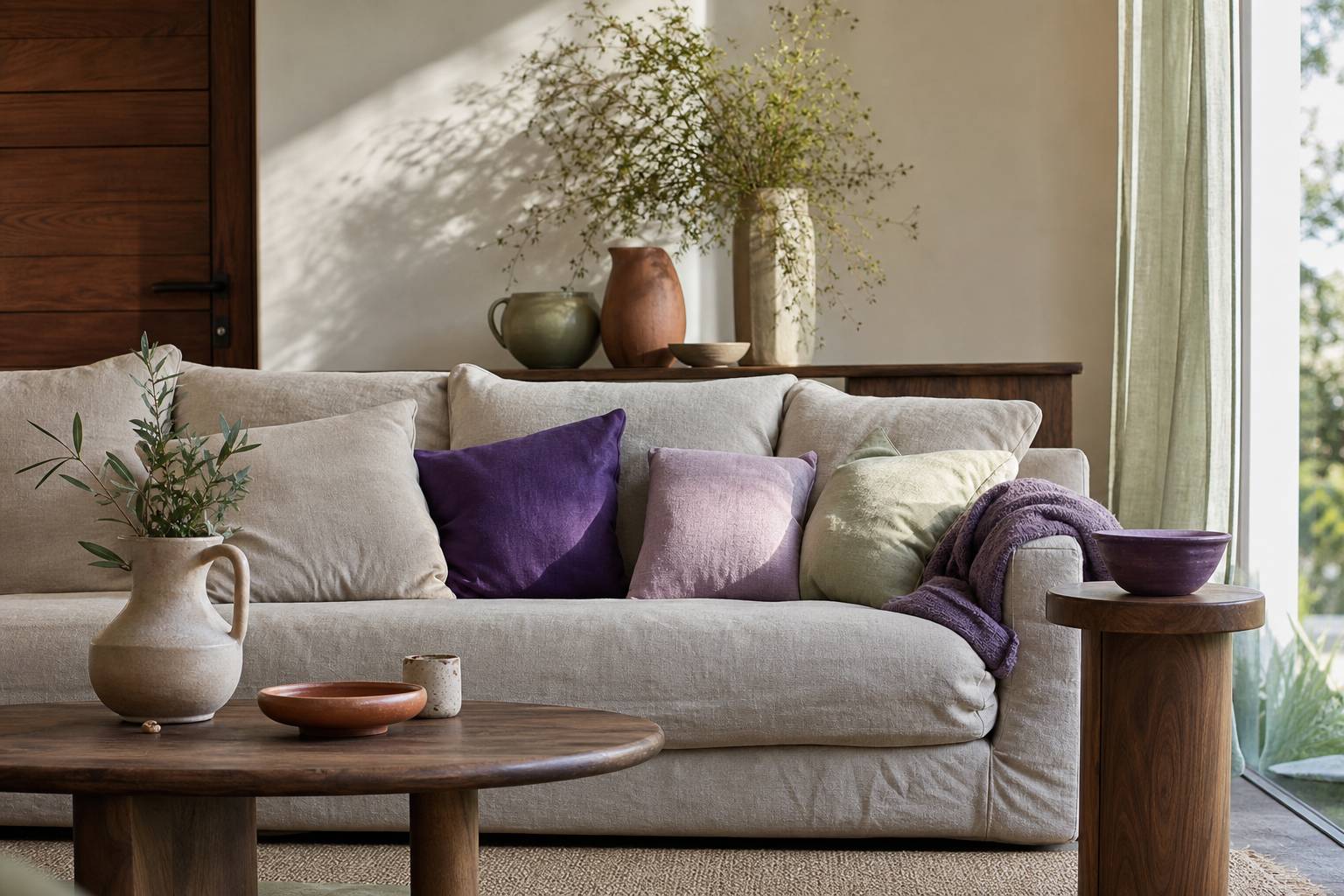 Tissus d'ameublement violets, coussins et plaids aux teintes violettes, décoration intérieure