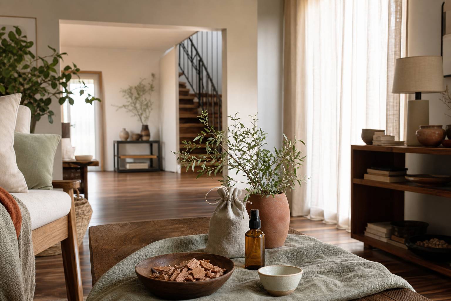 Intérieur avec parquet, produit naturel anti-puces et insectes