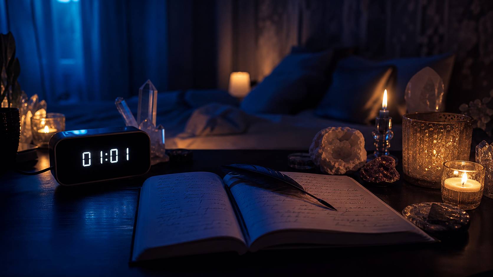 Bureau nocturne avec reveil 01h01 carnet ouvert plume bougies cristaux ambiance introspective spirituelle