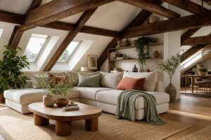Combles aménagés avec charpente bois apparente et velux lumineux