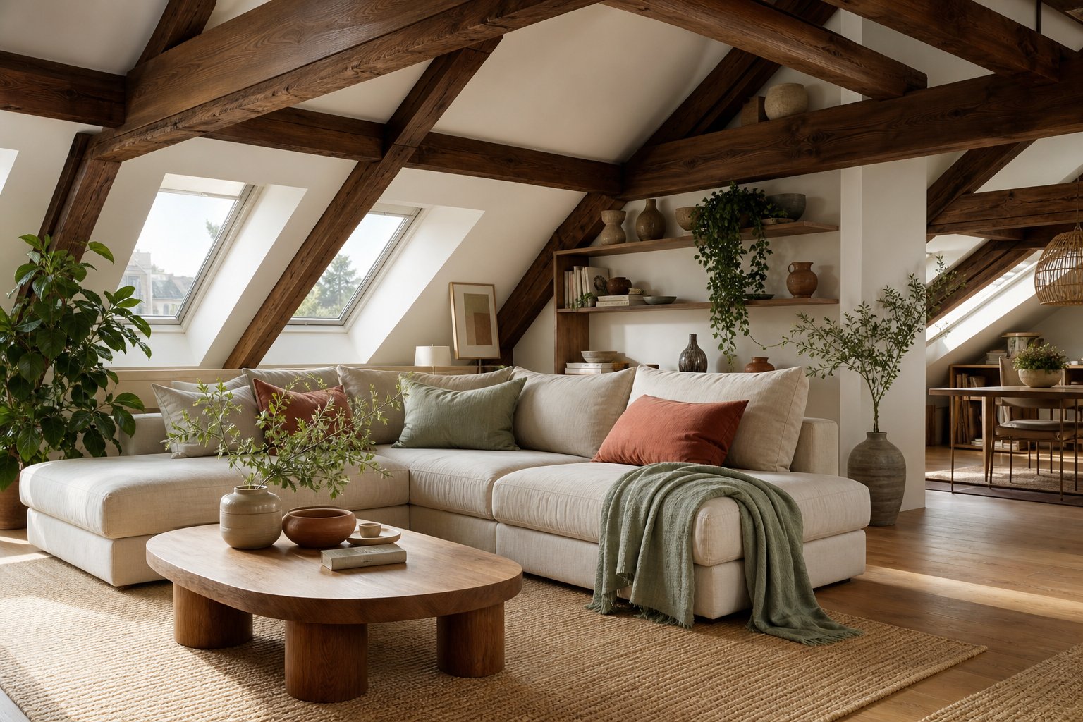 Combles aménagés avec charpente bois apparente et velux lumineux