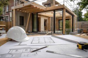 Plans d'architecture et chantier de construction d'une extension de maison moderne avec outils de mesure