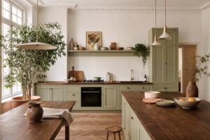 Cuisine vintage transformee en espace moderne avec meubles retapes et plantes vertes