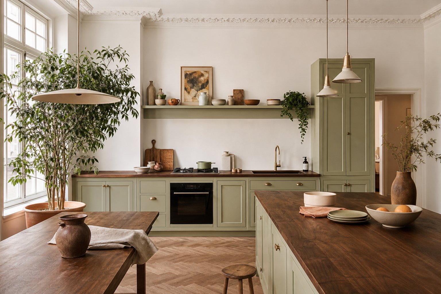 Cuisine vintage transformee en espace moderne avec meubles retapes et plantes vertes