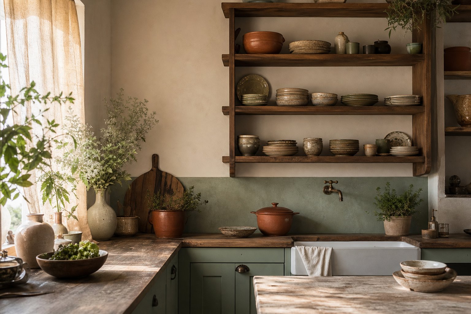 Coin de cuisine vintage with vaisselle ancienne et rideau en lin, lumiere naturelle