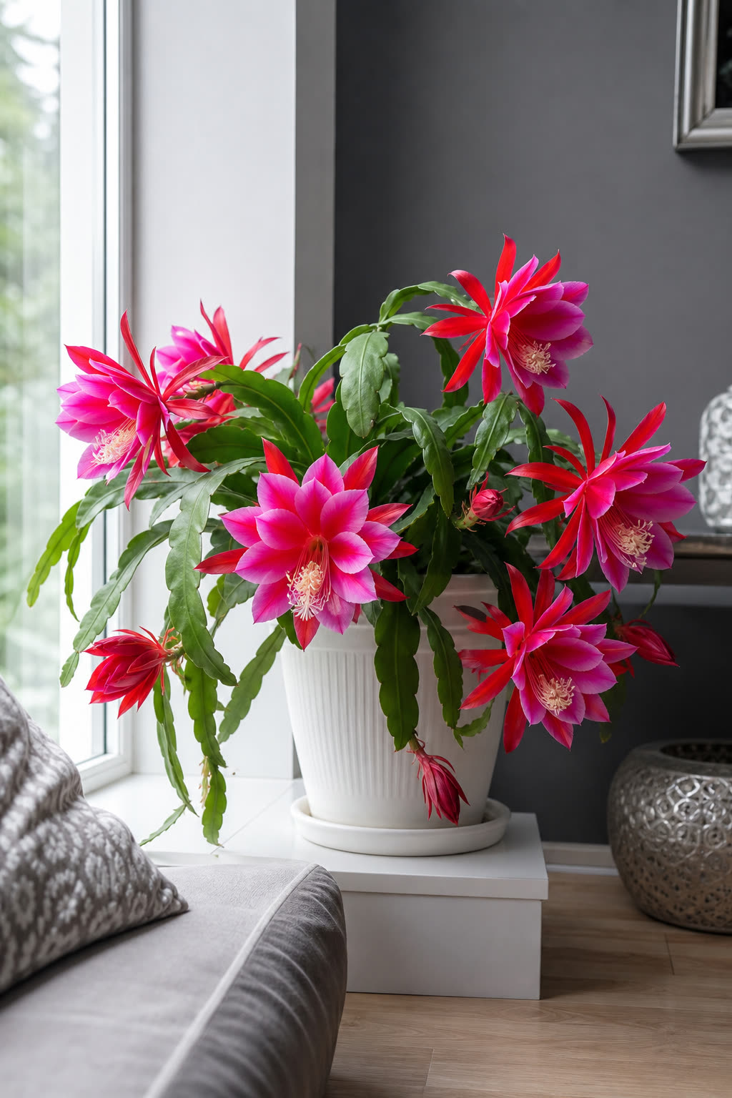 Epiphyllum en floraison - cactus orchidée aux fleurs roses et rouges