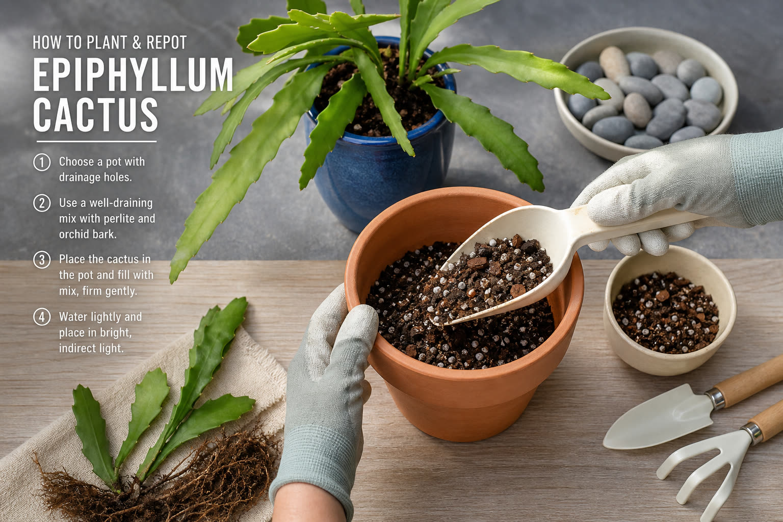 Rempotage d'un Epiphyllum - substrat drainant et terre cuite