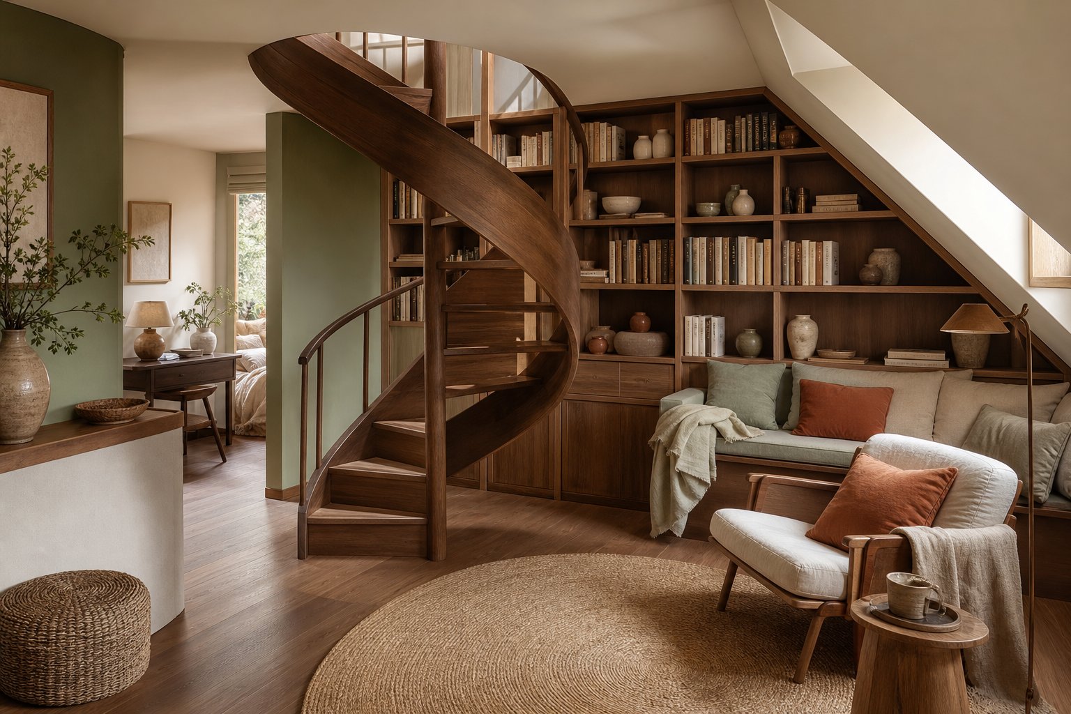 Escalier en bois menant à des combles aménagés avec bibliothèque