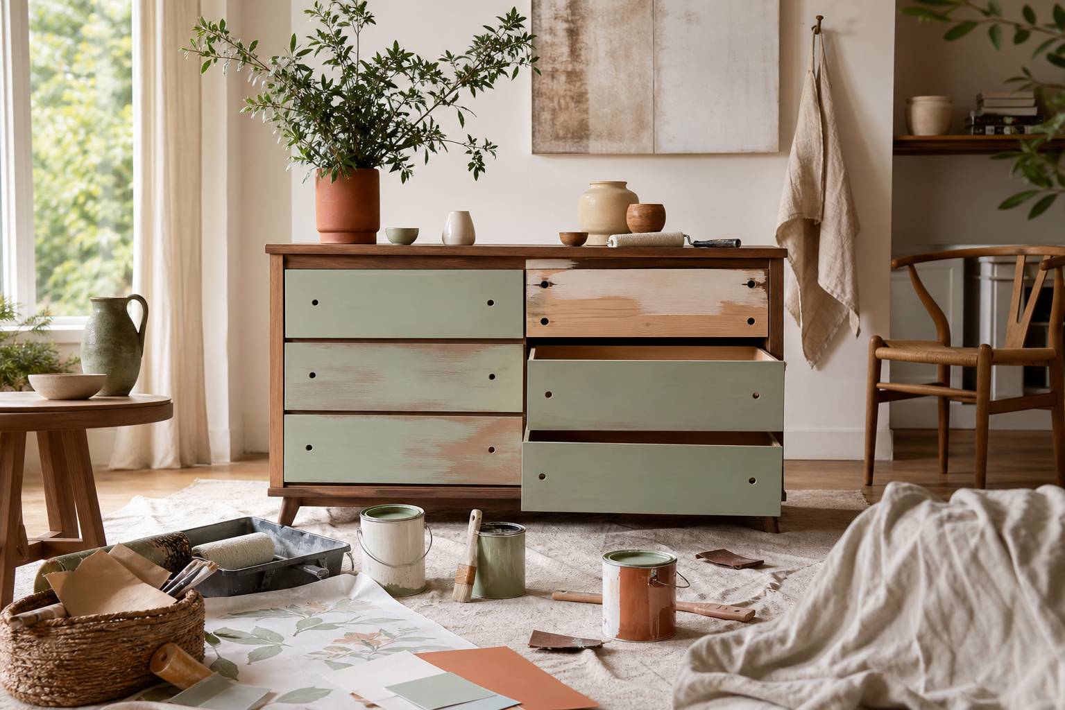 Atelier bricolage avec meuble en cours de relooking