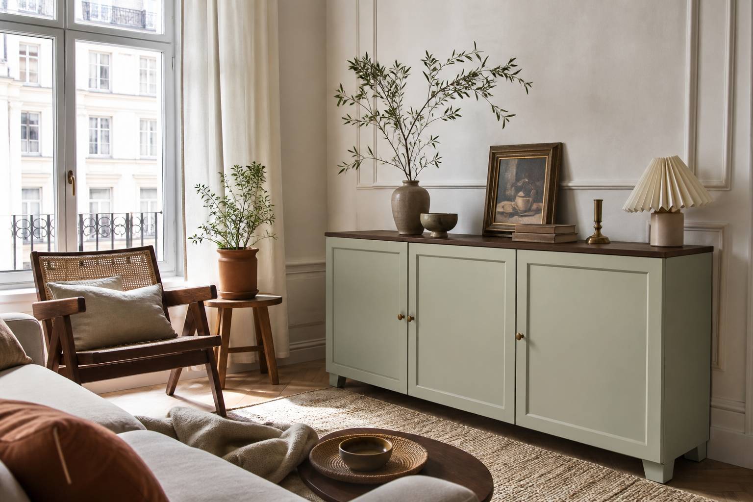 Meuble Ikea relooké avec peinture dans coin salon lumineux