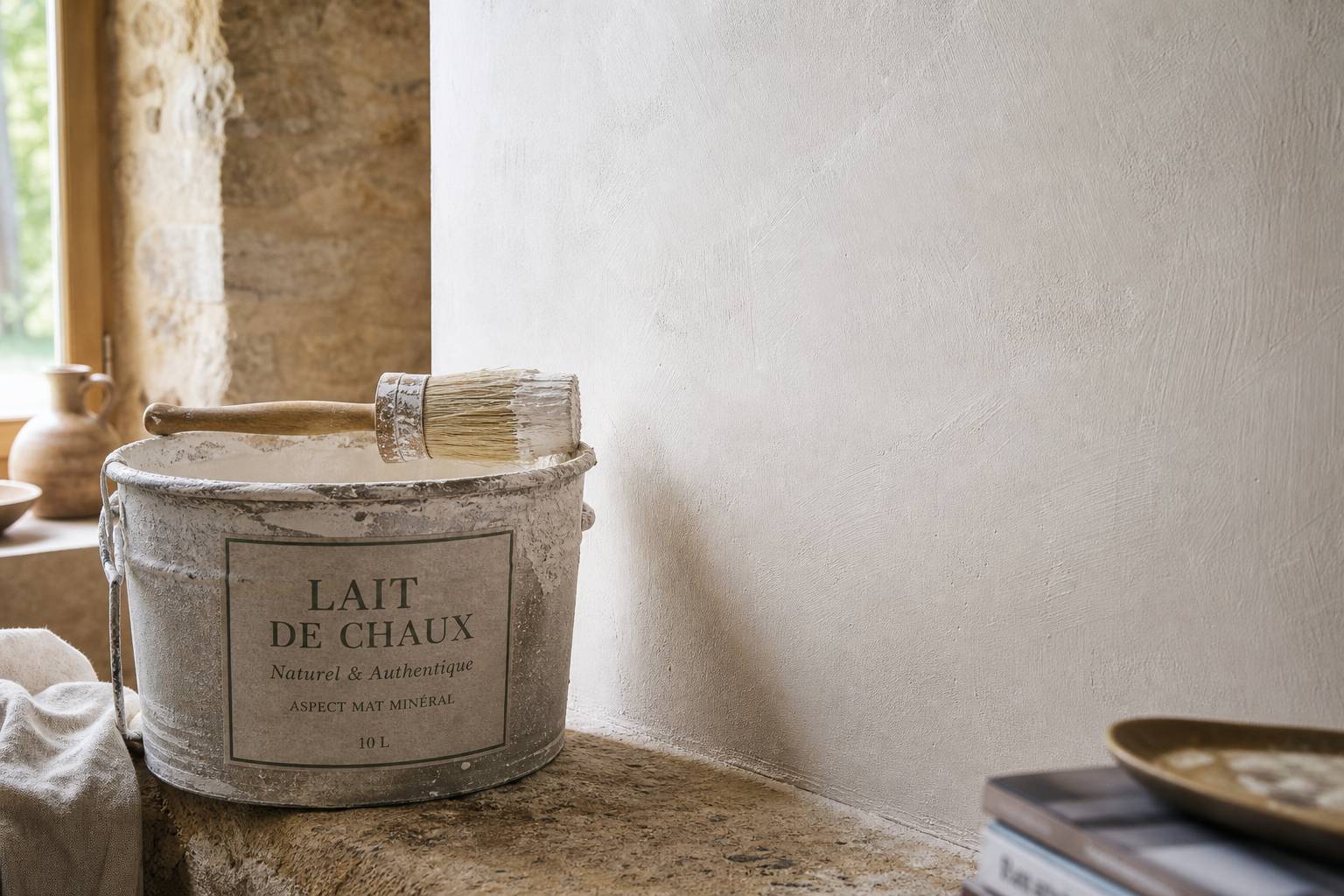 Seau de lait de chaux avec pinceau près d un mur à la finition mate et crayeuse