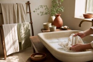 Lavage à la main de tissus délicats dans un évier avec savon doux et lumière naturelle