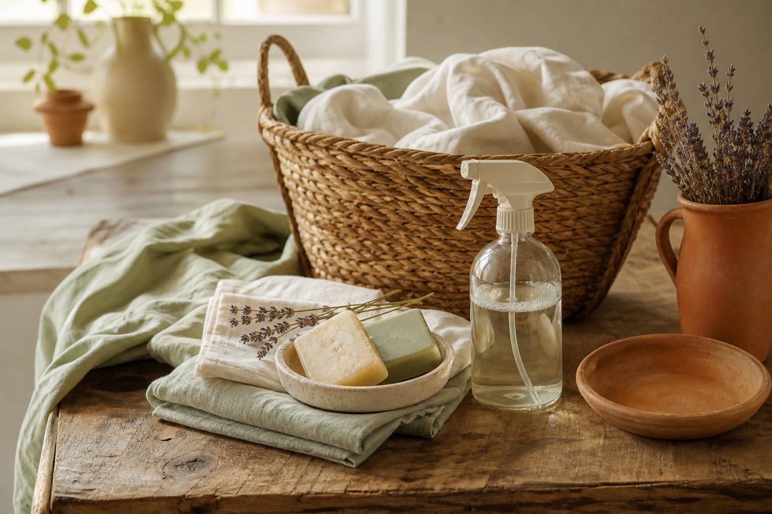 Lavage à la main de tissus délicats dans un évier avec savon doux et lumière naturelle