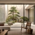 Jardin japonais zen, arbustes et pierres décoratives