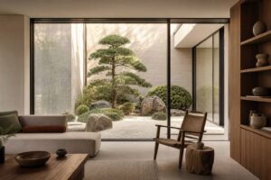 Jardin japonais zen, arbustes et pierres décoratives