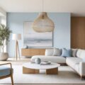 Salon scandinave lumineux avec luminaires design suspension et lampadaire bleu glacier