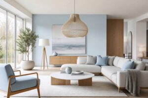 Salon scandinave lumineux avec luminaires design suspension et lampadaire bleu glacier