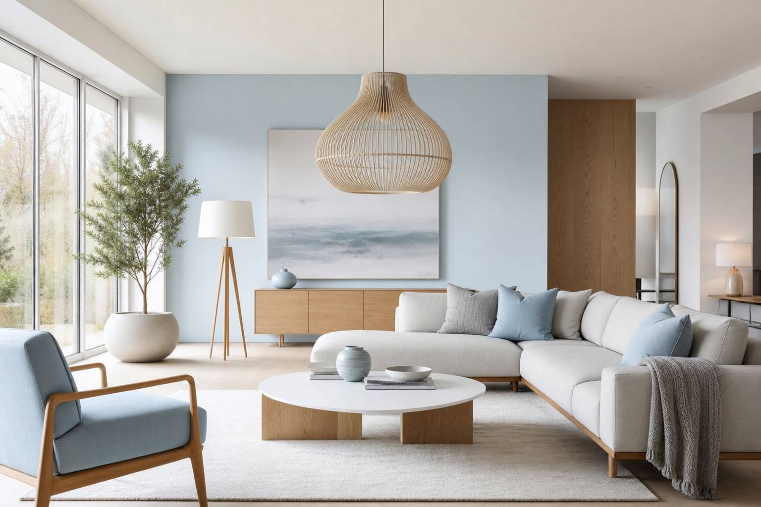 Salon scandinave lumineux avec luminaires design suspension et lampadaire bleu glacier