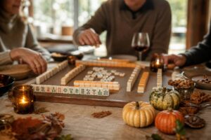 Plateau de mahjong avec tuiles colorees ambiance conviviale