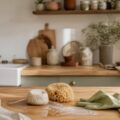 Pierre blanche argileuse et éponge sur plan de travail cuisine
