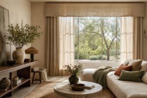 Piece avec rideaux elegants cantonniere sur mesure en lin lumiere traversant le tissu