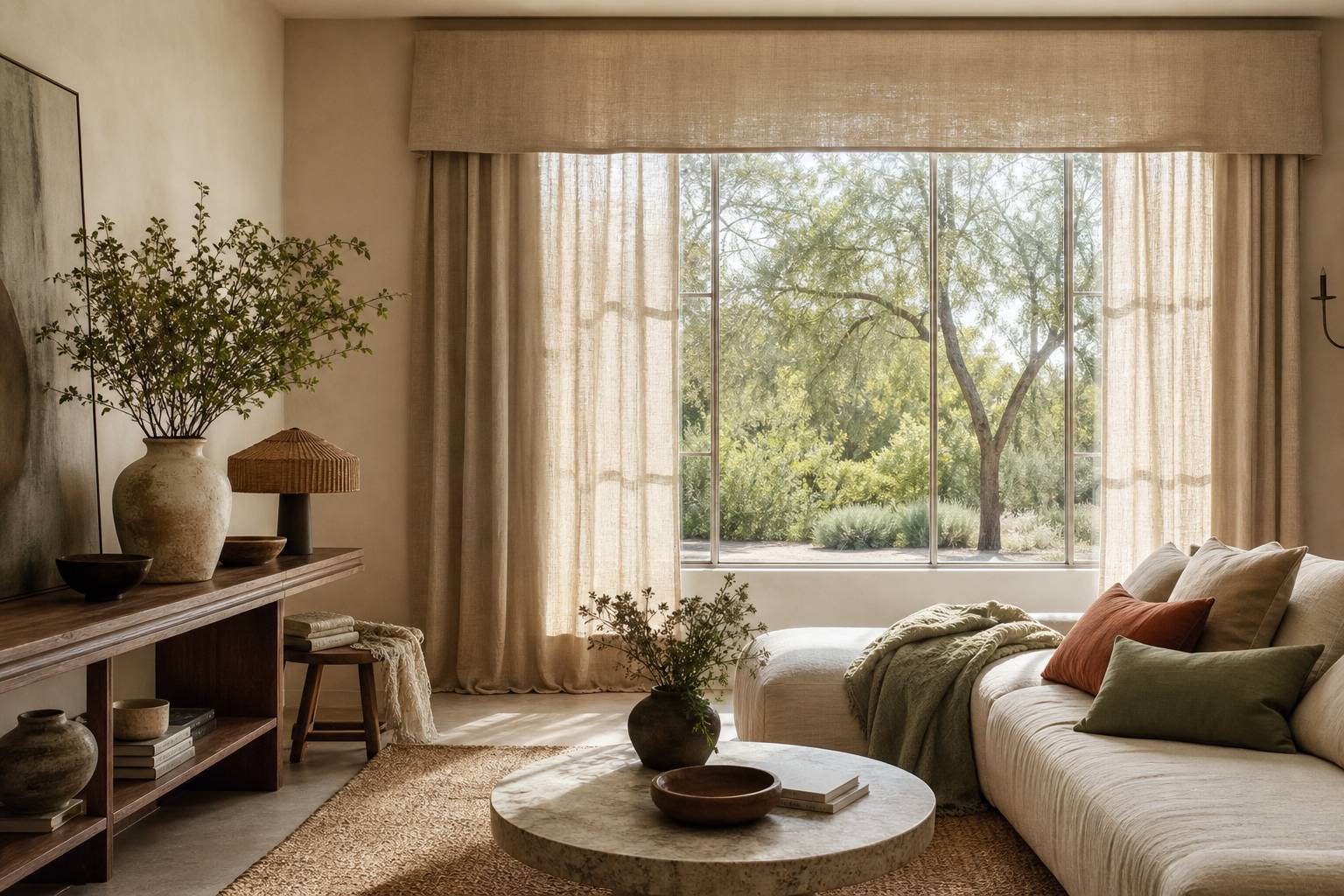 Piece avec rideaux elegants cantonniere sur mesure en lin lumiere traversant le tissu