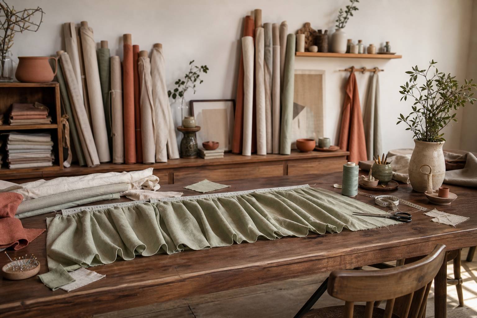 Atelier couture tissus roule metre ruban ciseaux cantonniere en cours fabrication