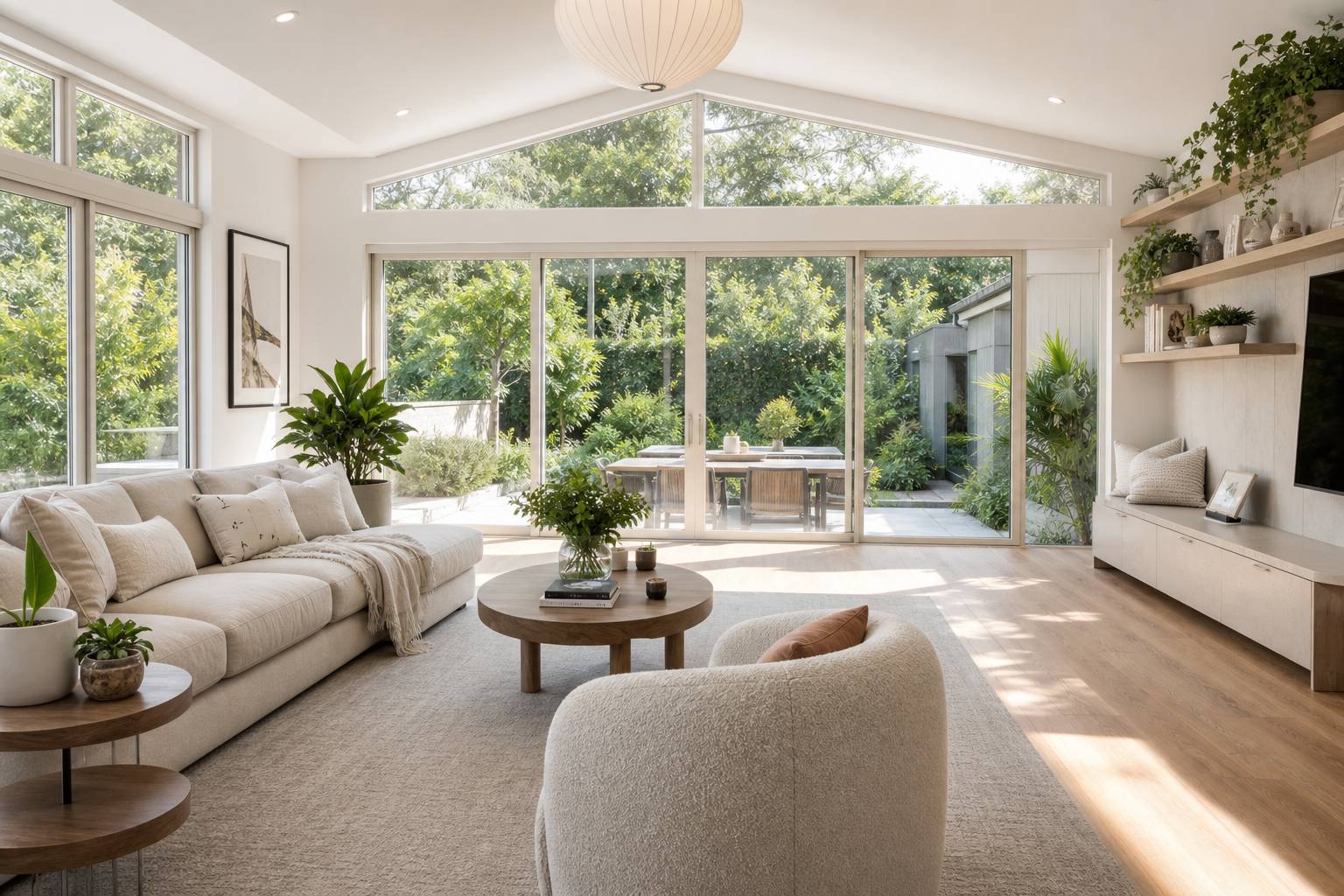 Pièce d'extension lumineuse avec baies vitrées et mobilier moderne ouvrant sur le jardin
