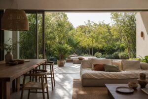 Jardin moderne elegant avec plantes vertes luxuriantes et mobilier contemporain