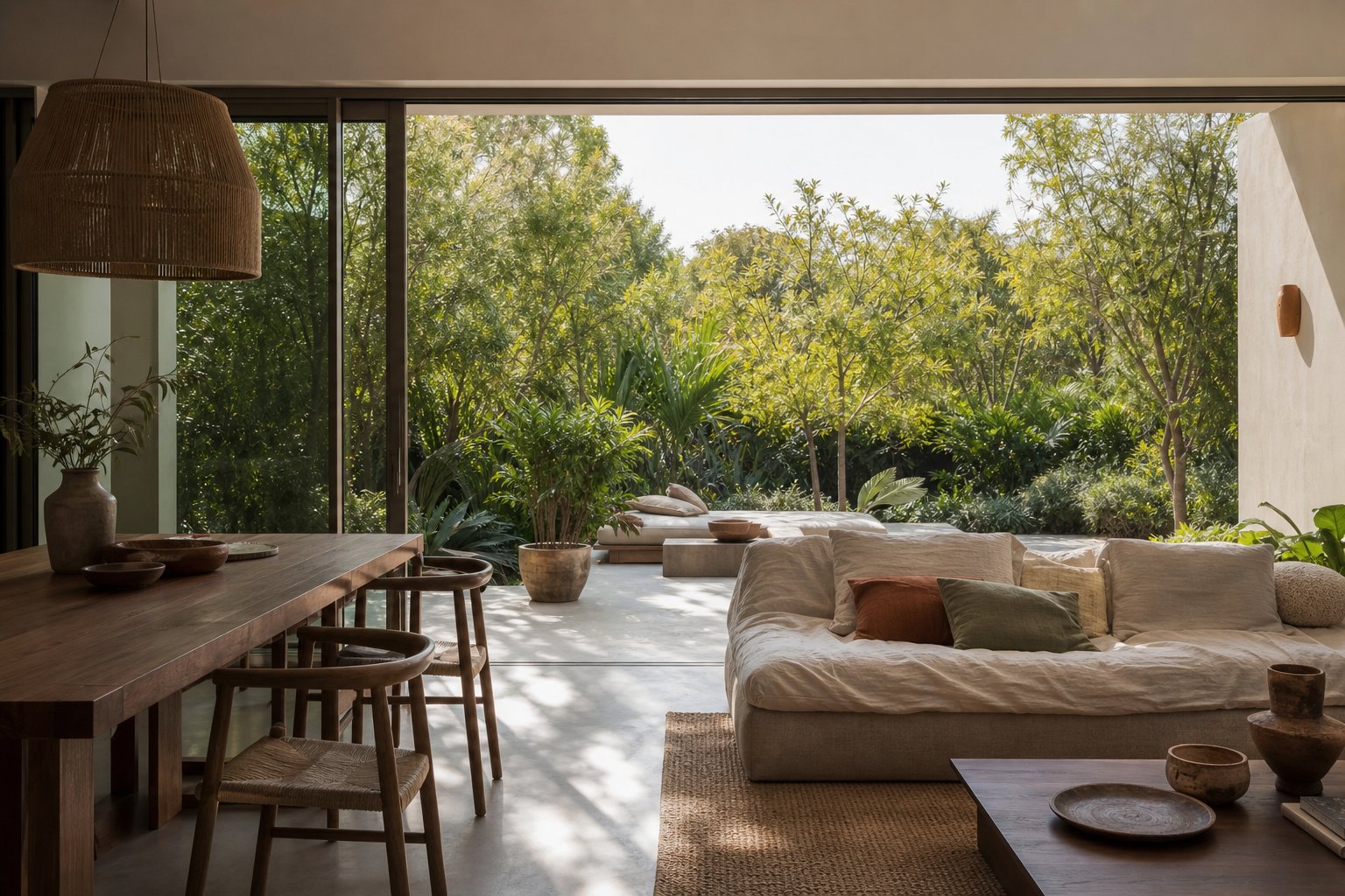 Jardin moderne elegant avec plantes vertes luxuriantes et mobilier contemporain