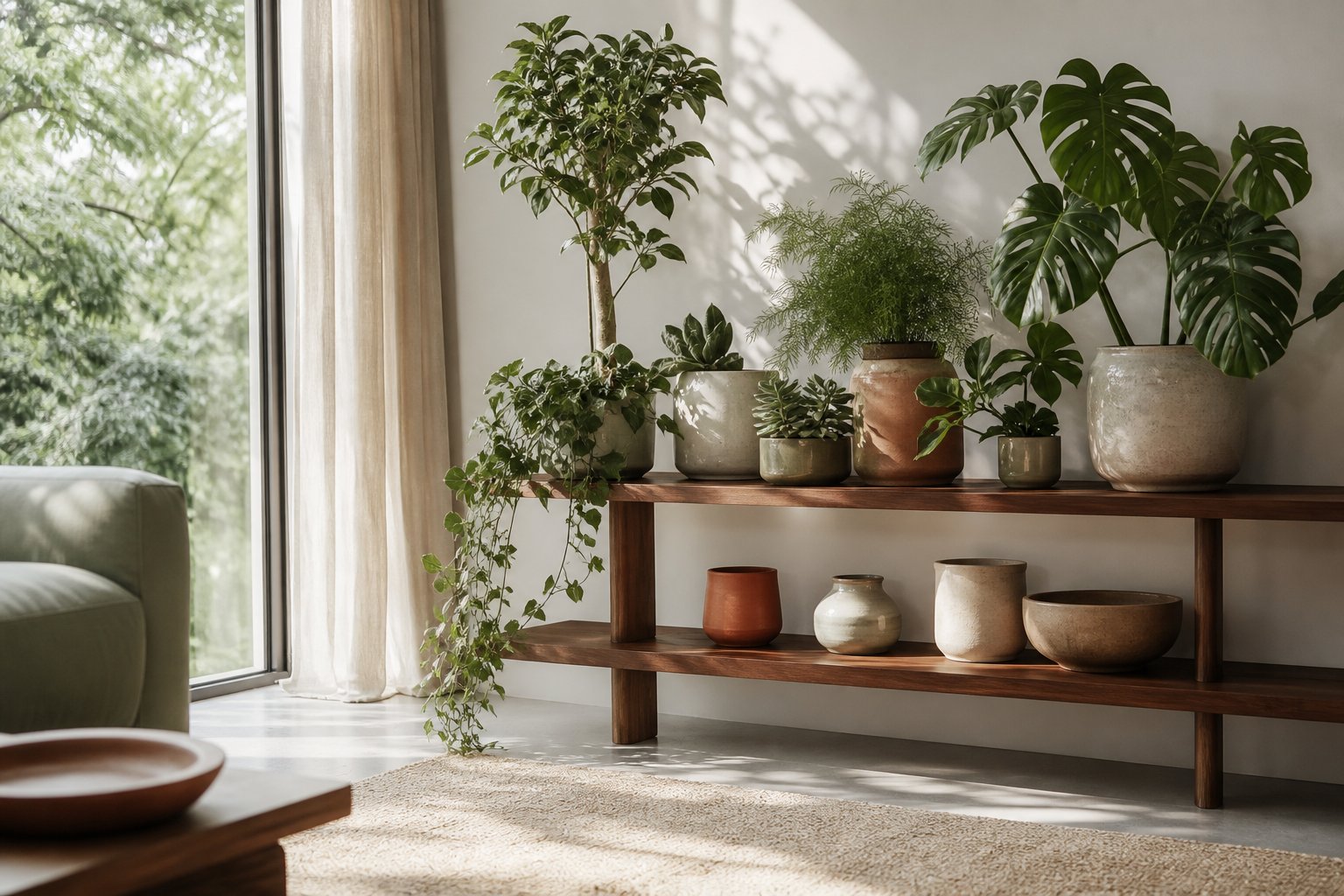 Plantes vertes d interieur dans des pots en ceramique sur etagere en bois