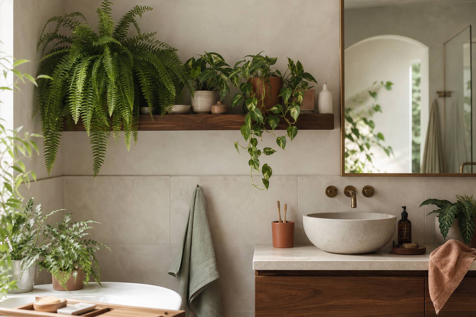 Plantes vertes salle bain etagere fougere pothos spa