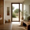 Porte d'entrée vitrée moderne donnant sur un intérieur lumineux