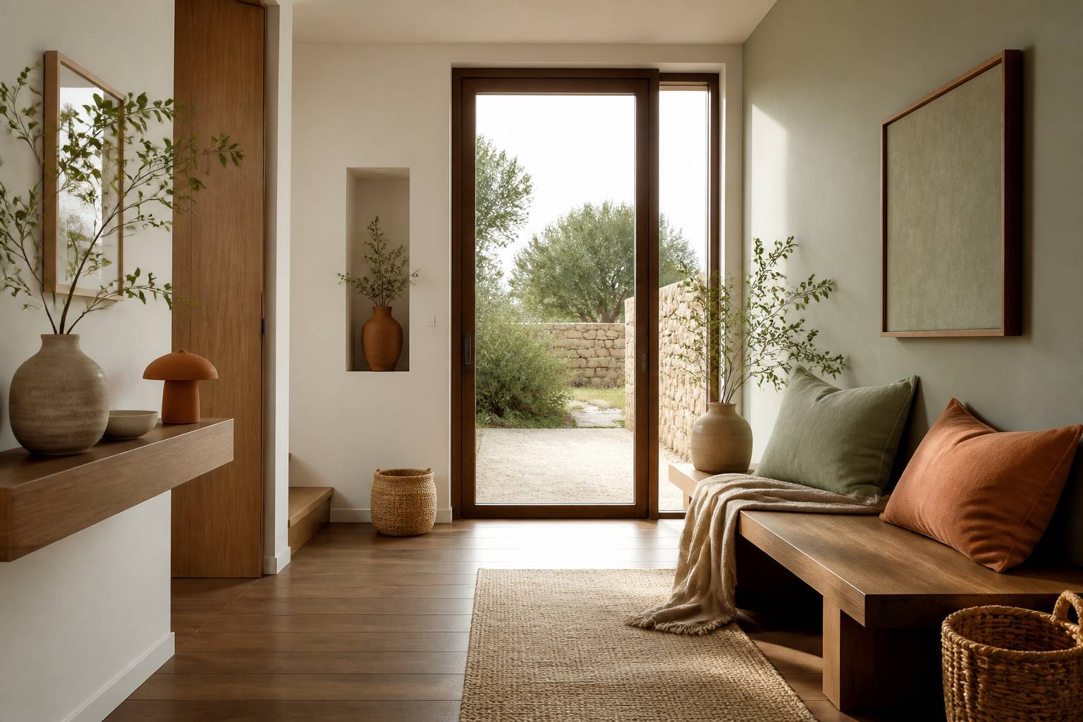 Porte d'entrée vitrée moderne donnant sur un intérieur lumineux