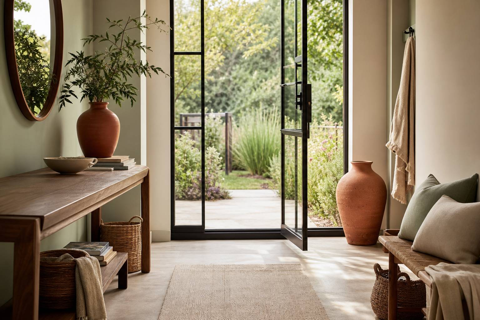 Porte vitrée moderne avec vue sur jardin, intérieur lumineux et aéré